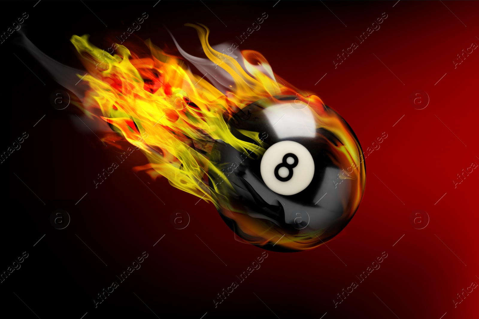 Image of Billiard ball with number 8 in fire flying on color background