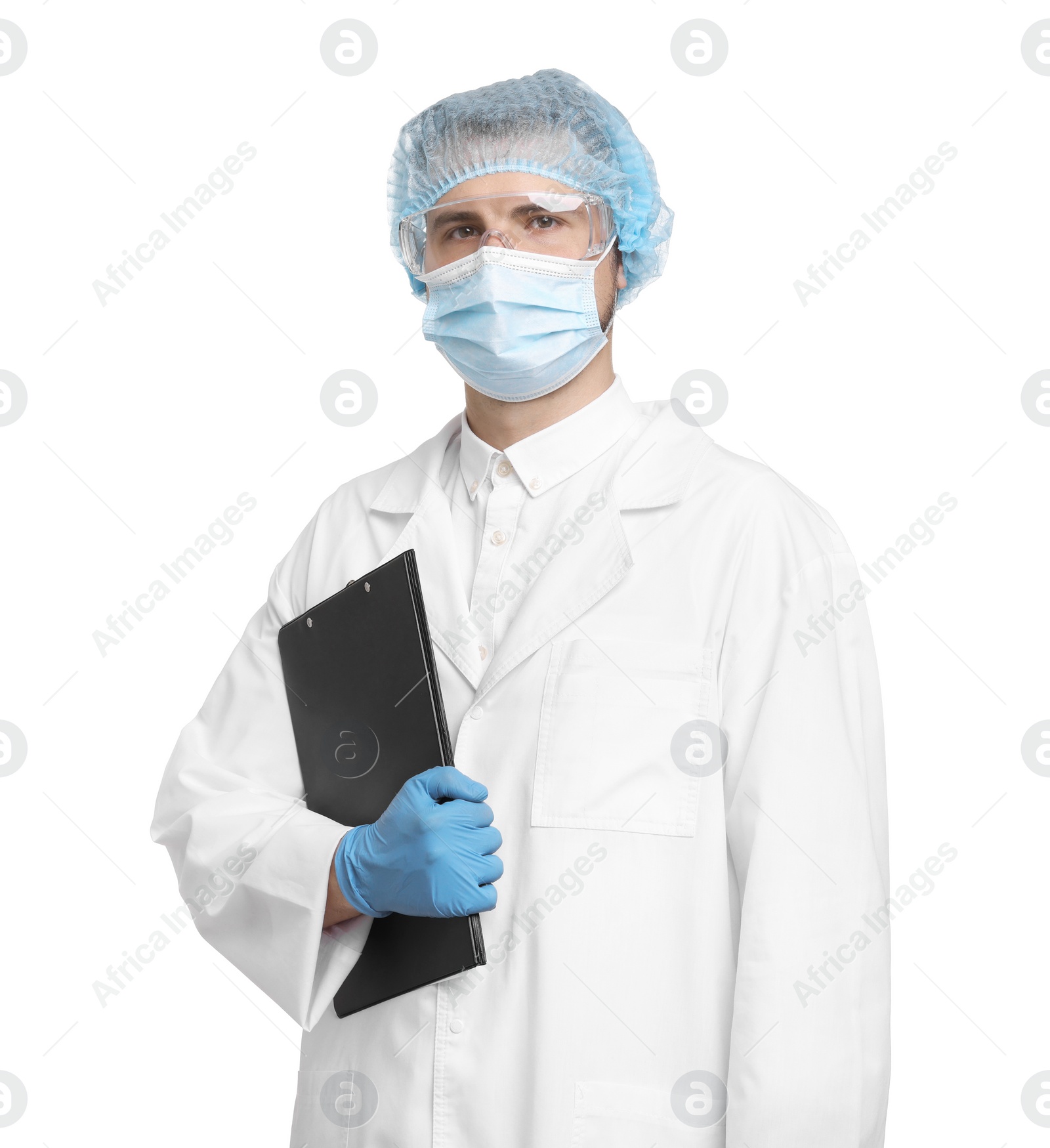 Photo of Quality control. Food inspector with clipboard on white background