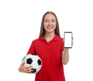 Photo of Happy sports fan with ball and smartphone on white background