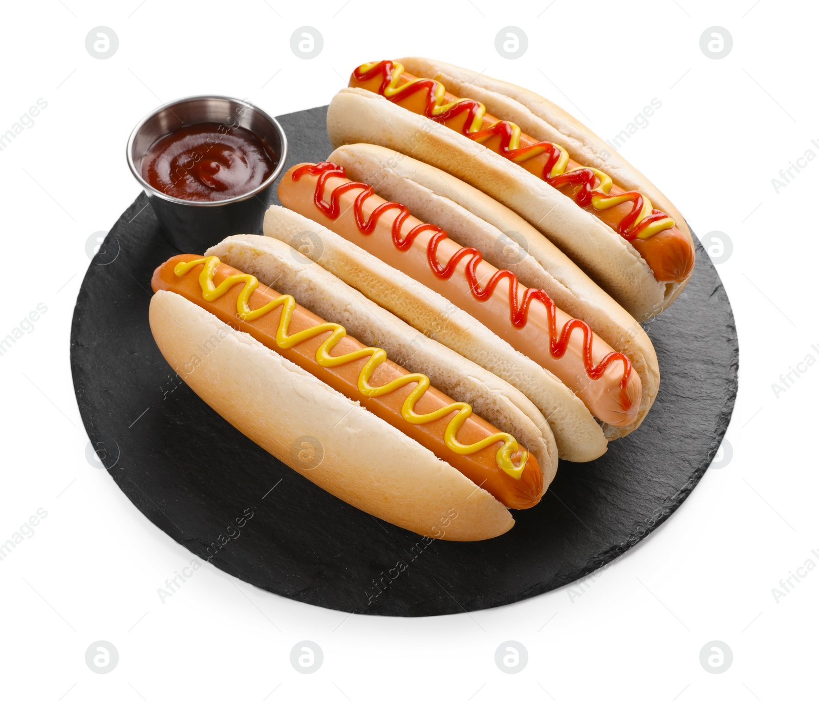 Photo of Delicious hot dogs with sauces isolated on white