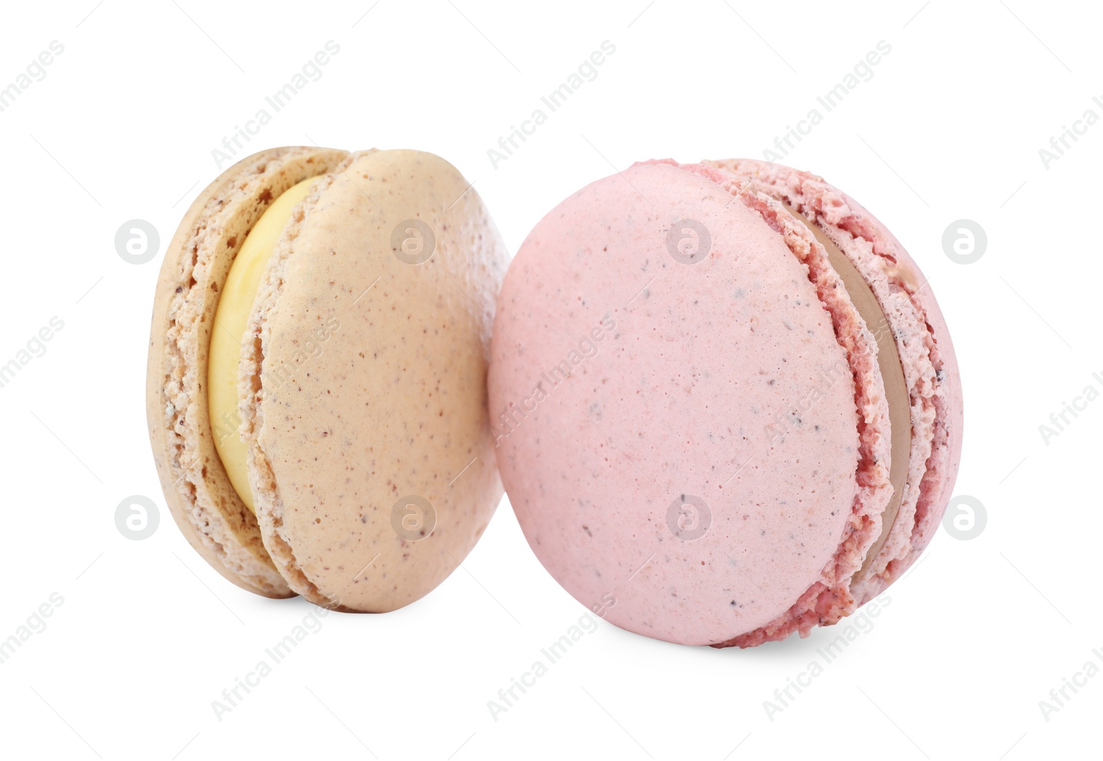 Photo of Different delicious colorful macarons on white background