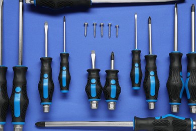 Set of screwdrivers and screws on blue background, flat lay