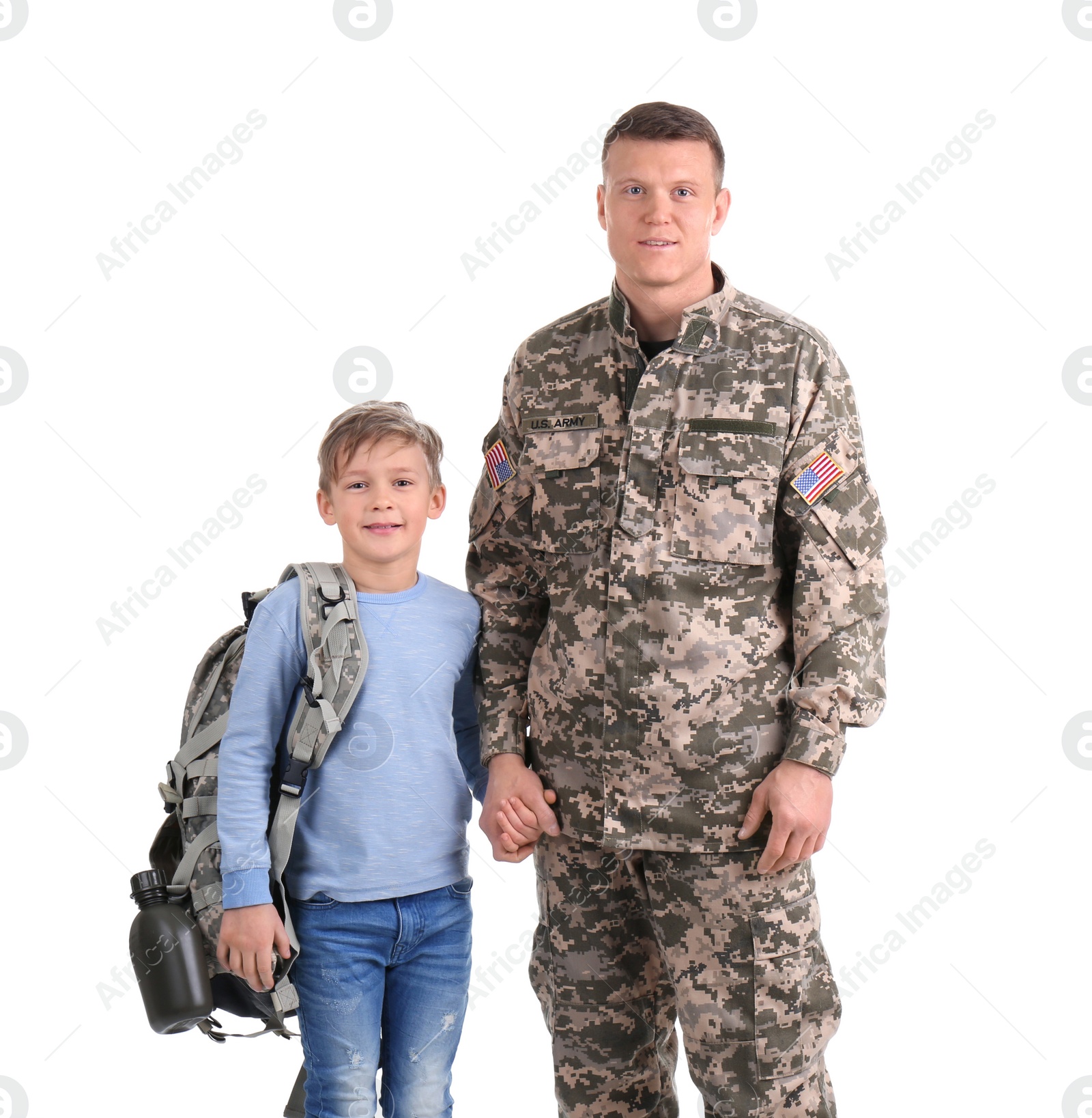 Photo of Male soldier with his son on white background. Military service