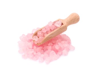 Photo of Wooden scoop with pink sea salt isolated on white