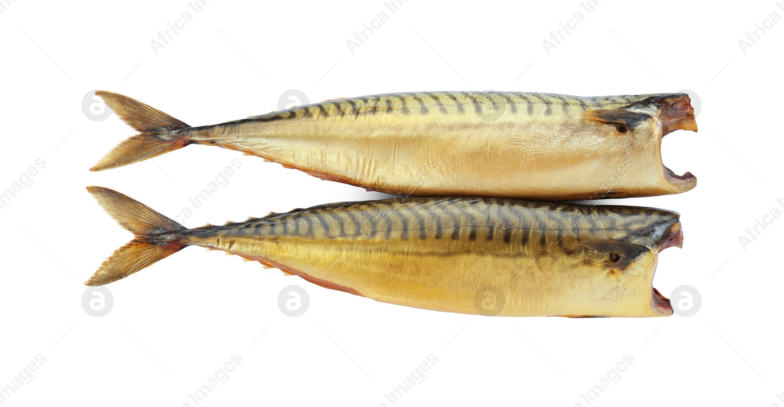 Photo of Delicious smoked mackerels isolated on white, top view
