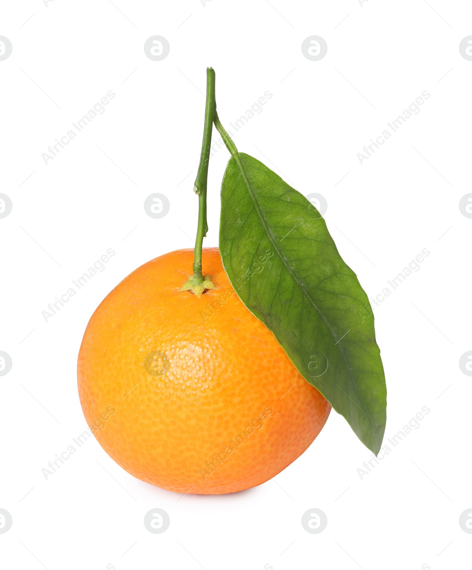 Photo of Fresh ripe juicy tangerine with green leaf isolated on white