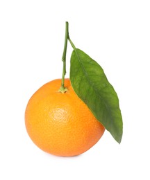 Photo of Fresh ripe juicy tangerine with green leaf isolated on white