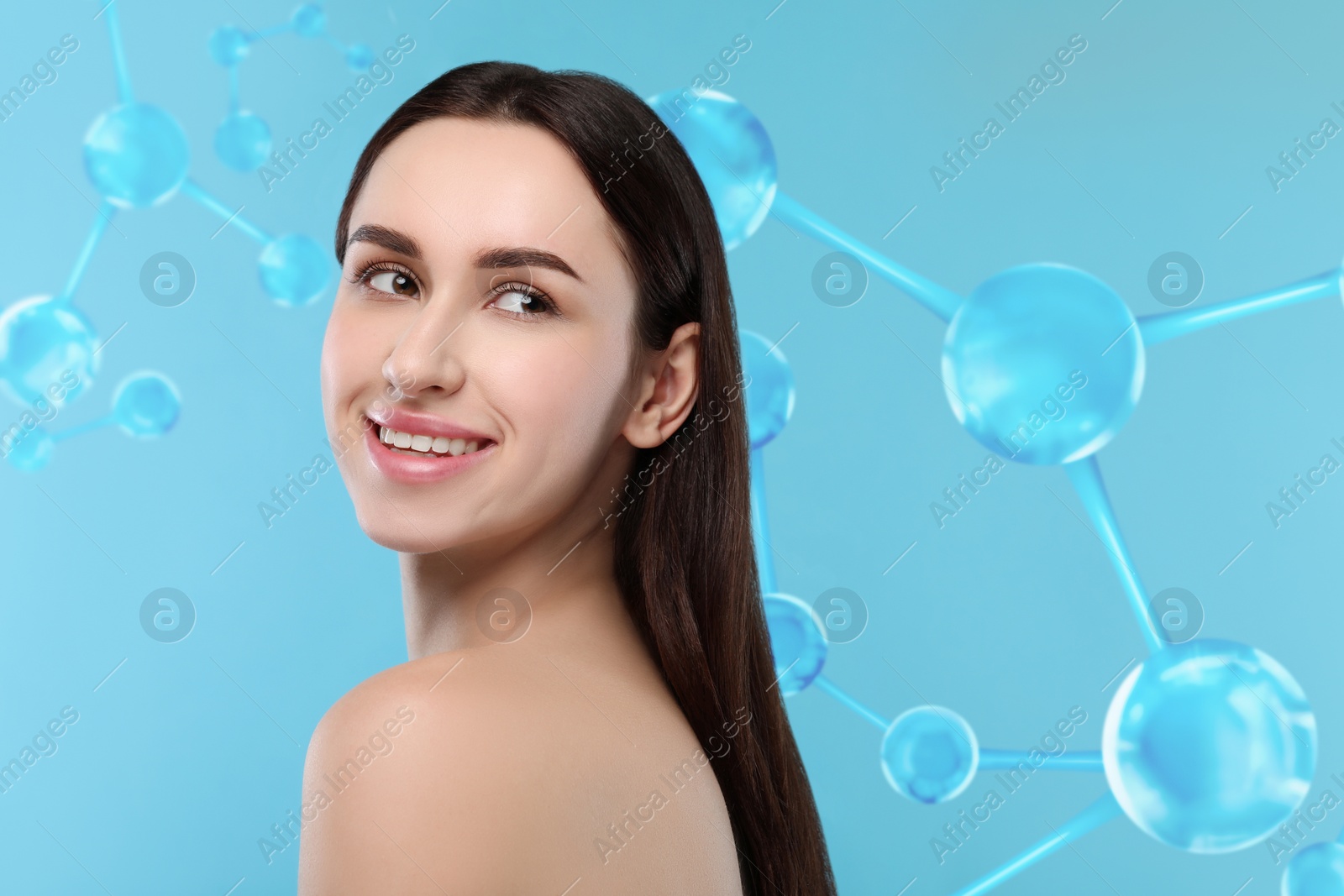 Image of Beautiful woman with perfect healthy skin and molecular model on light blue background. Innovative cosmetology