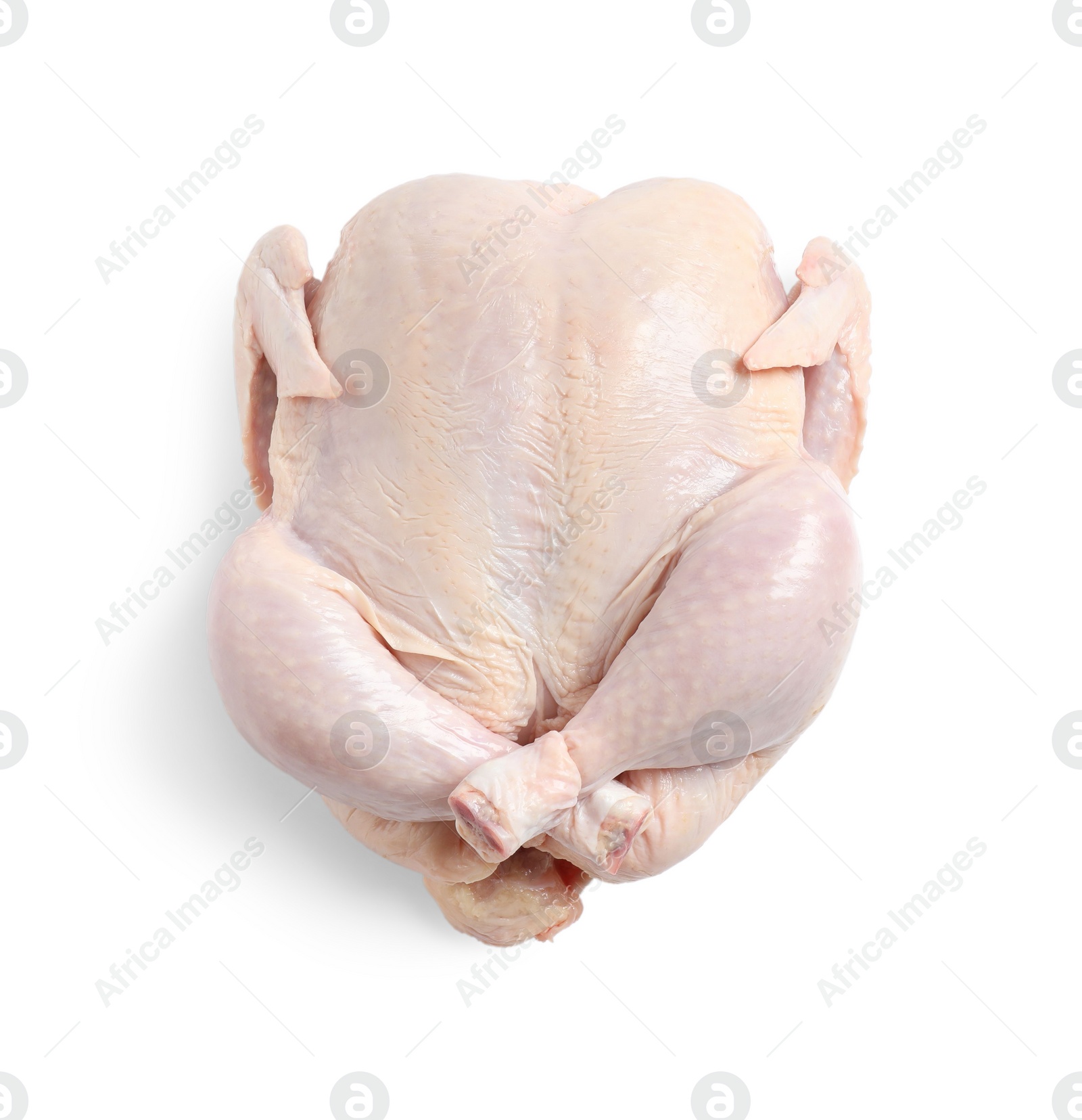 Photo of Fresh raw chicken isolated on white, top view