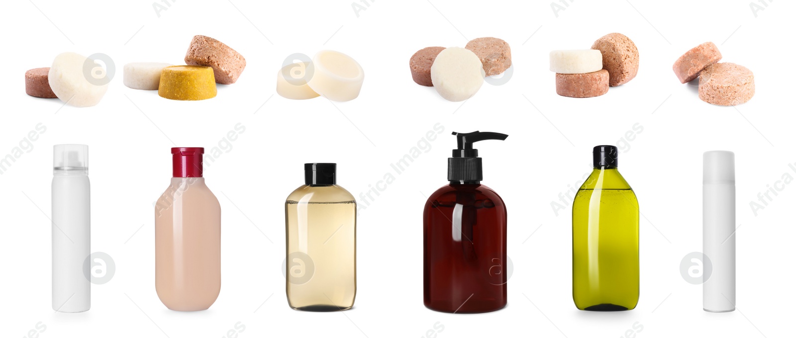 Image of Set with different kinds of shampoo: ordinary, dry and solid on white background. Banner design