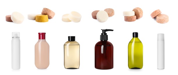 Set with different kinds of shampoo: ordinary, dry and solid on white background. Banner design
