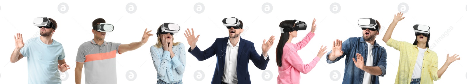 Image of People using virtual reality headset on white background, collage. Banner design