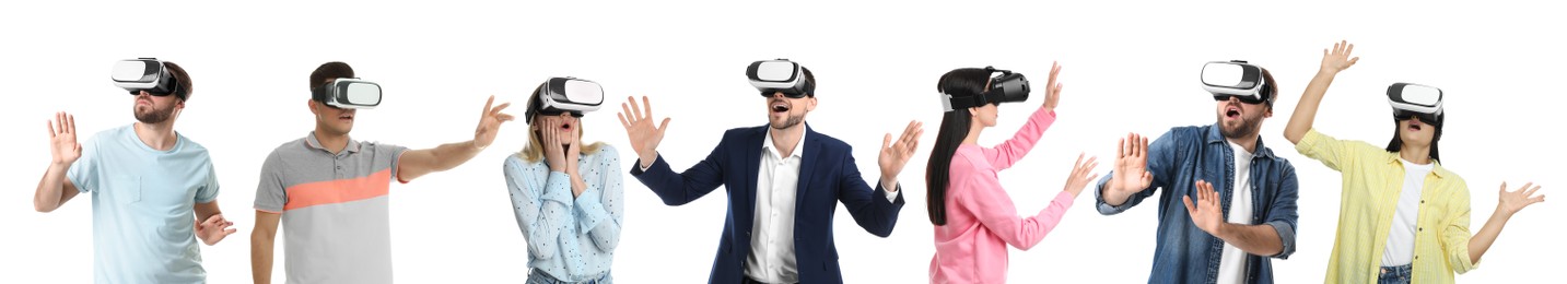 People using virtual reality headset on white background, collage. Banner design