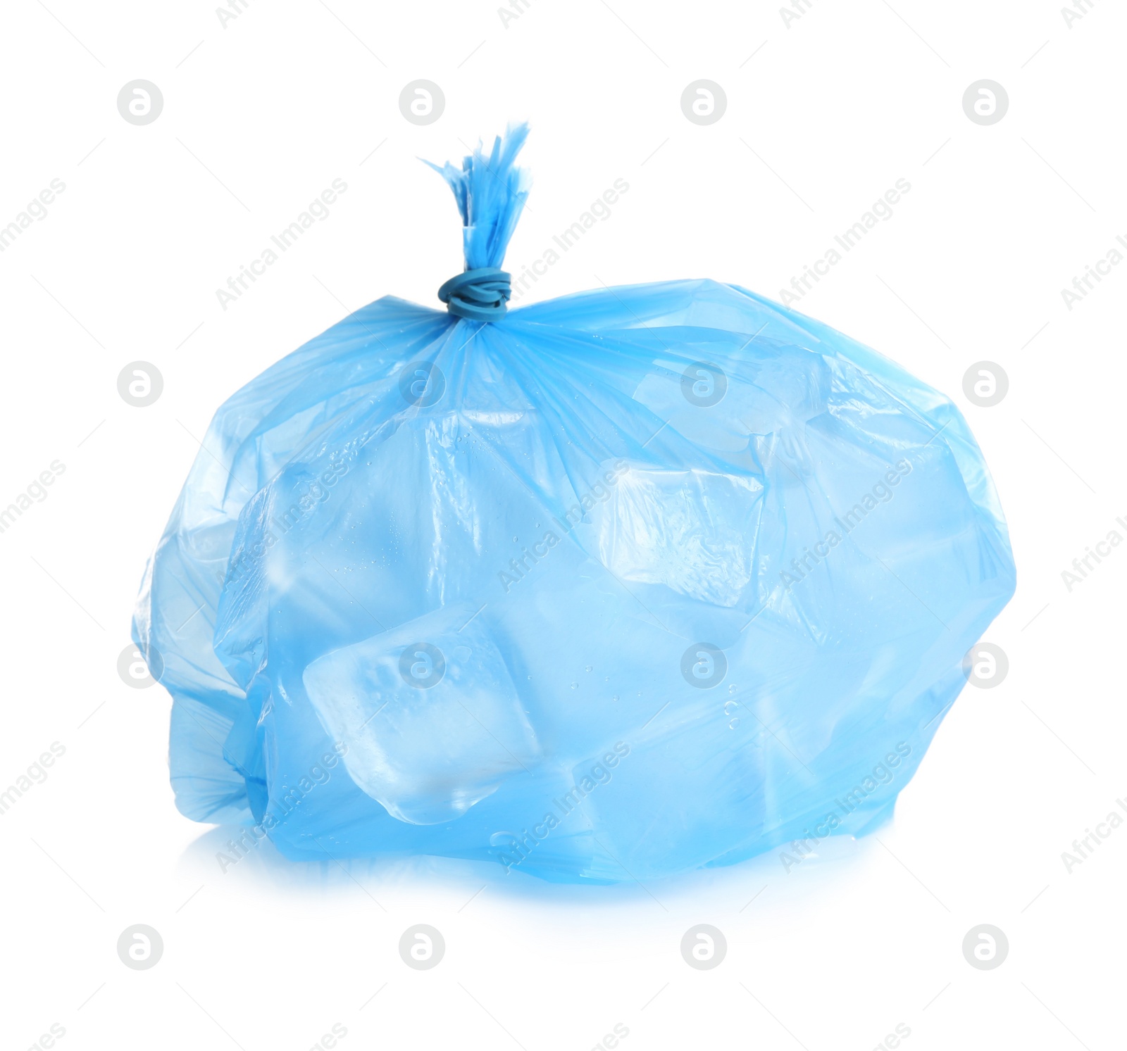 Photo of Plastic bag with ice cubes on white background