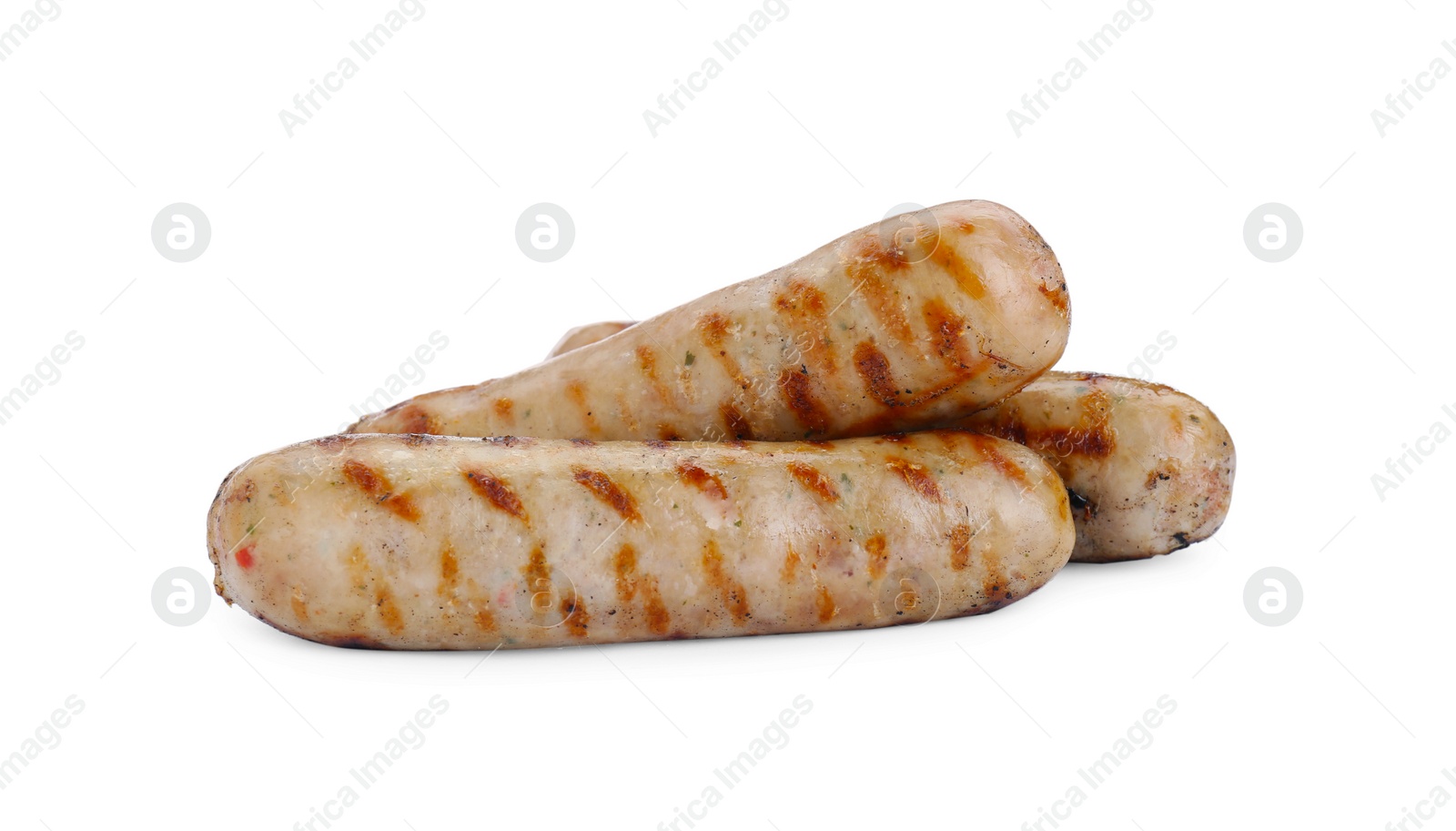 Photo of Tasty fresh grilled sausages isolated on white