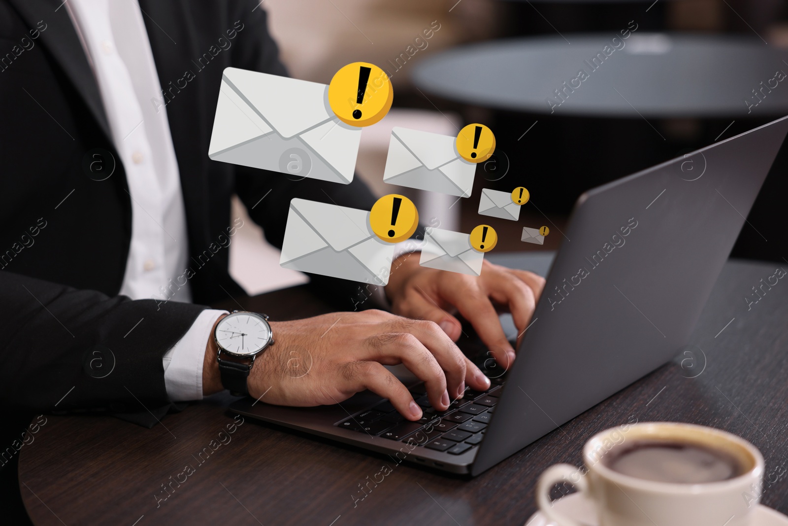 Image of Man using laptop at table, closeup. Spam message notifications above device, illustration