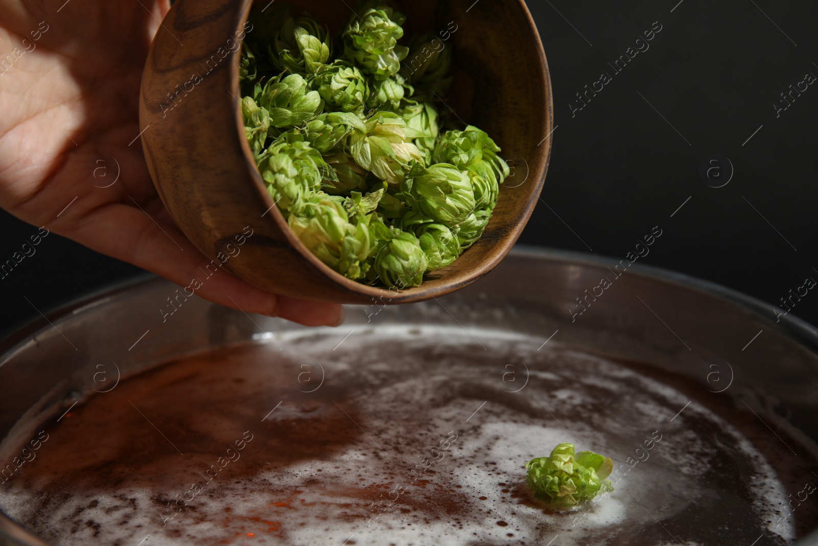 Photo of Woman adding fresh green hops to beer wort in pot, closeup