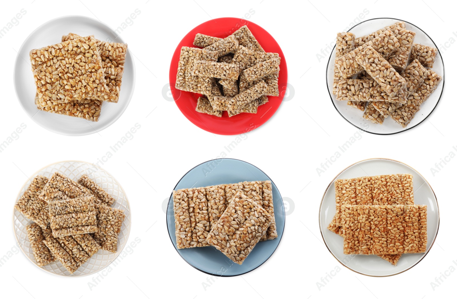 Image of Set with tasty sweet kozinaki on white background, top view