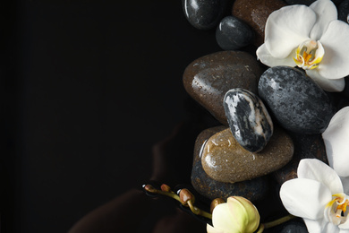 Photo of Stones and orchid flowers in water on black background, flat lay with space for text. Zen lifestyle