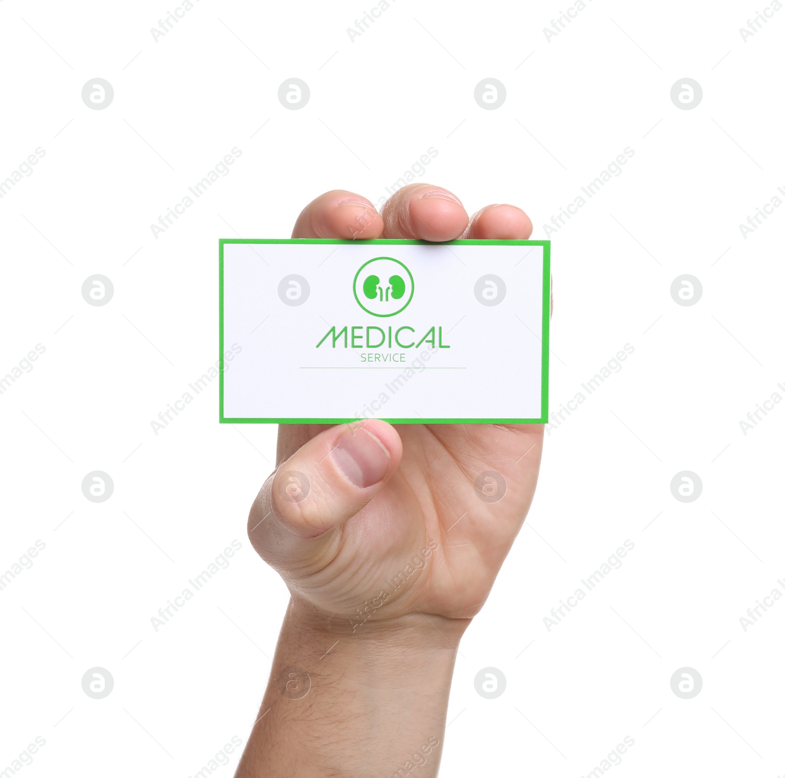 Photo of Man holding medical business card isolated on white, closeup. Nephrology service