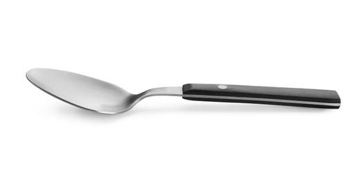 Photo of Silver spoon with black handle isolated on white