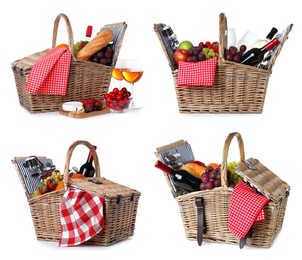 Image of Set of wicker picnic baskets with wine and food on white background