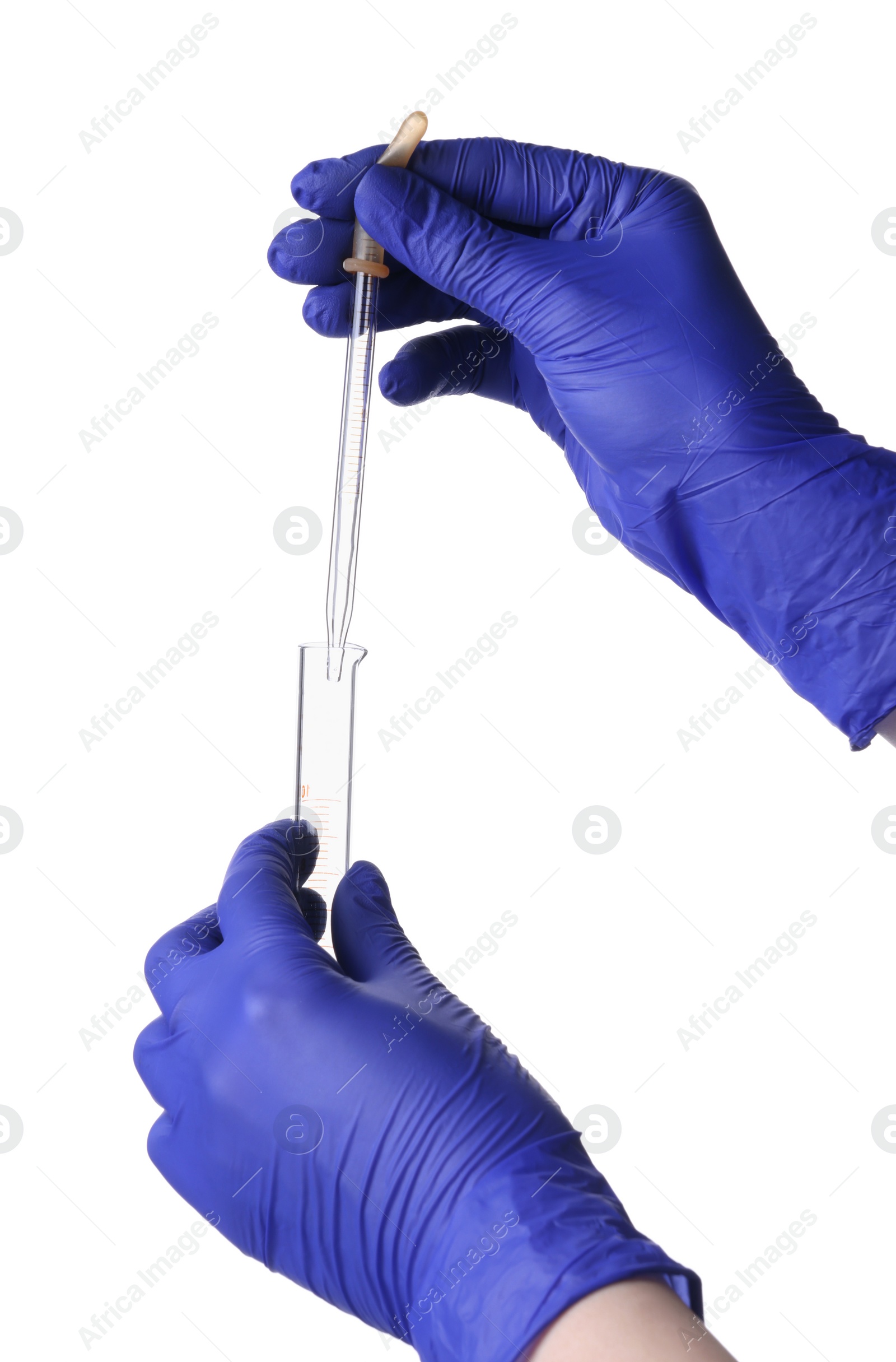 Photo of Scientist with pipette and test tube on white background, closeup