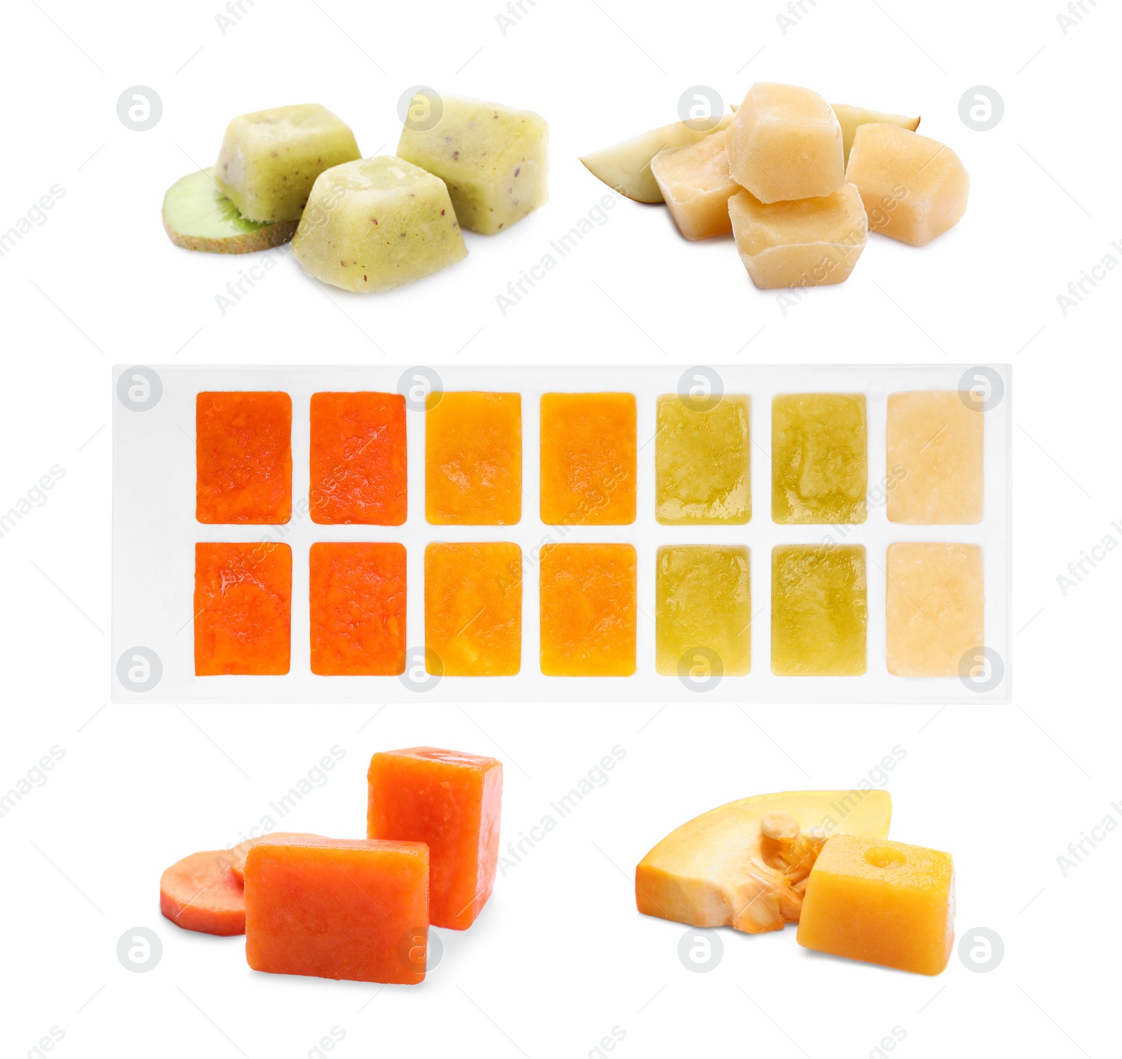 Image of Set with different frozen puree in ice cube trays and ingredients on white background