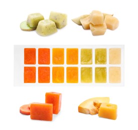 Image of Set with different frozen puree in ice cube trays and ingredients on white background