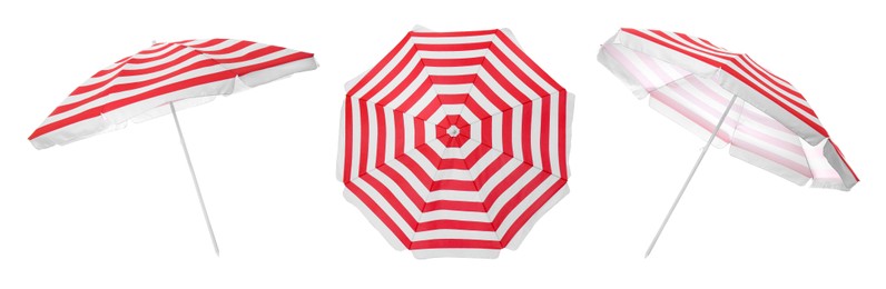 Image of Set with striped beach umbrellas on white background. Banner design