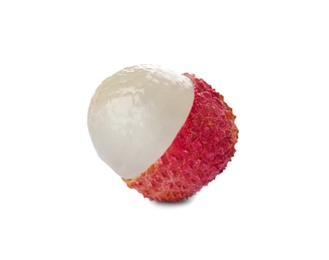 Half peeled ripe lychee fruit isolated on white