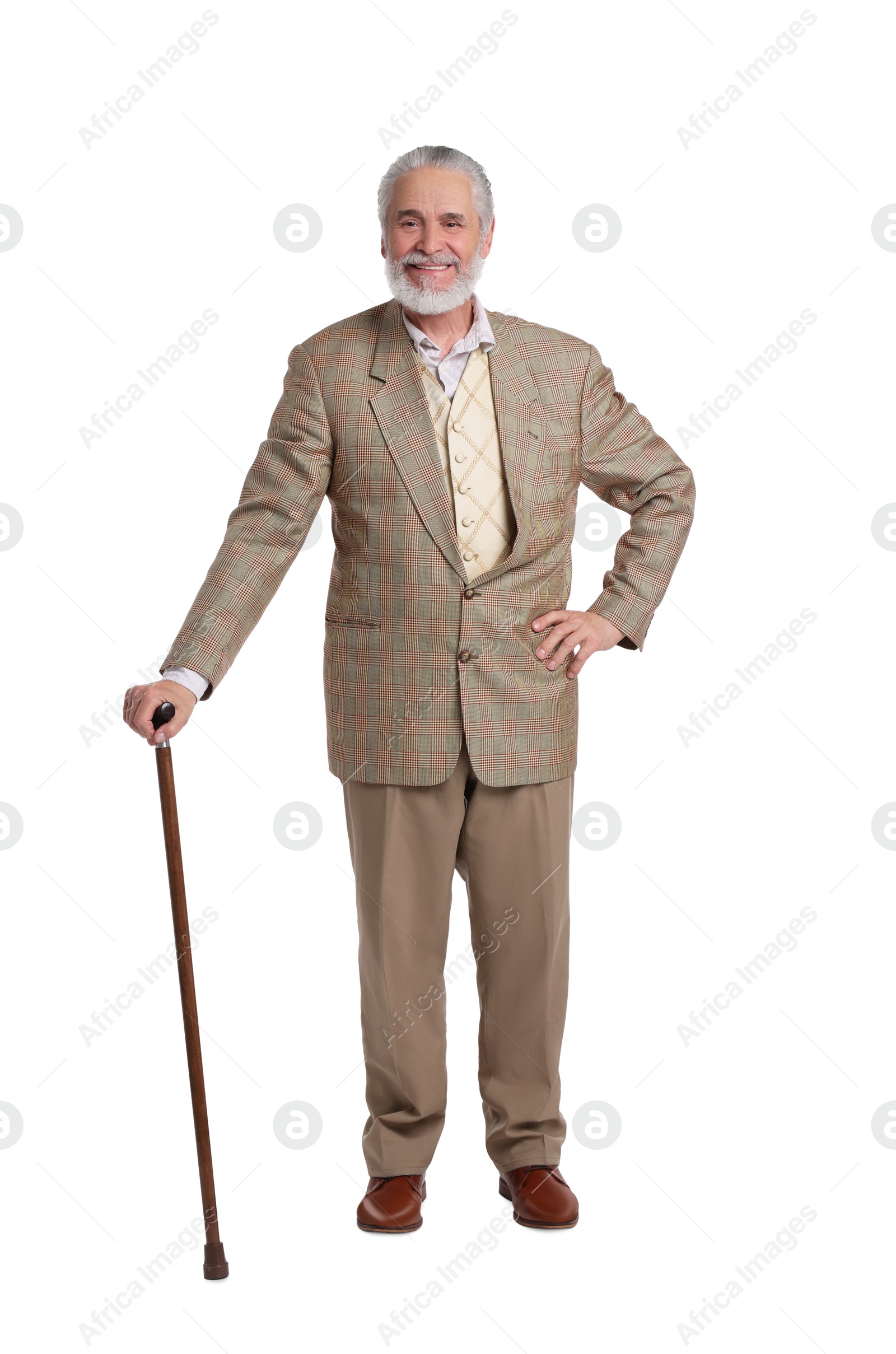 Photo of Senior man with walking cane on white background