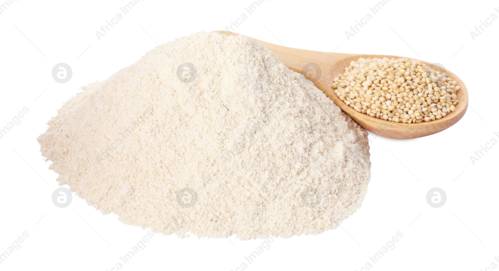 Photo of Pile of quinoa flour and spoon with seeds on white background