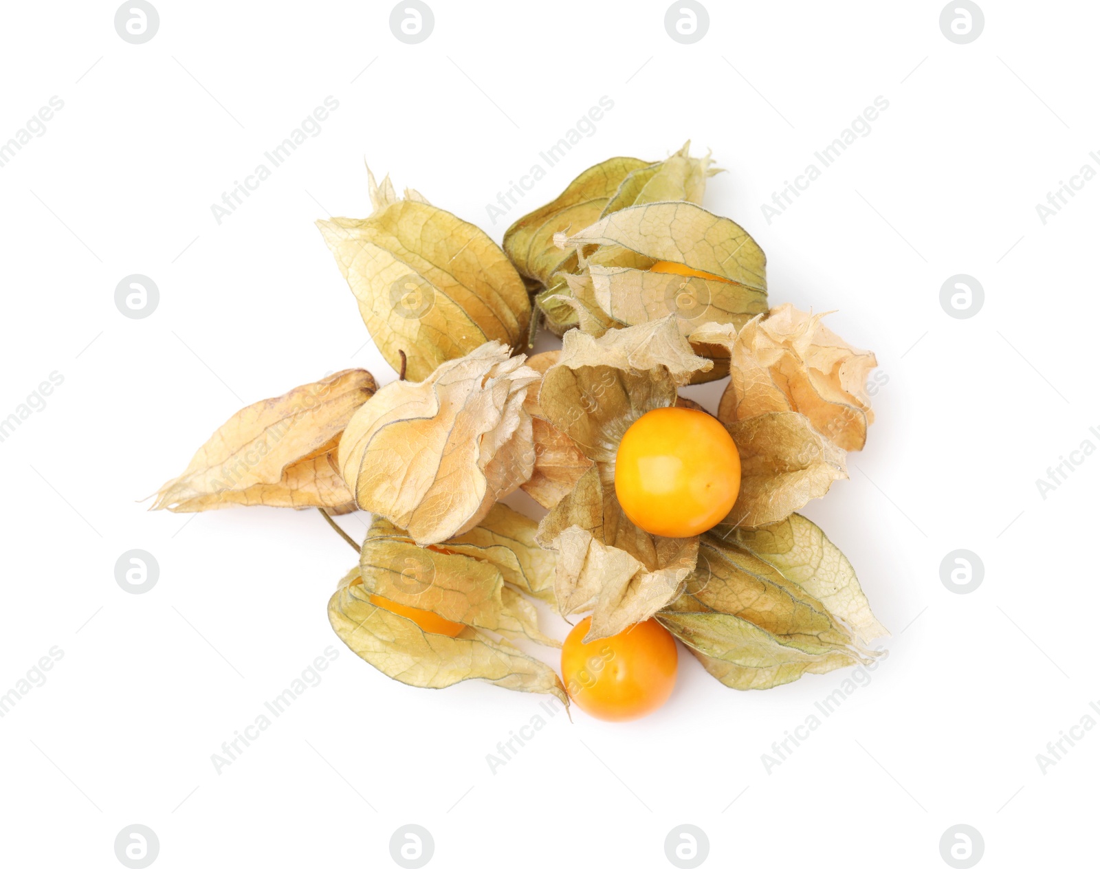 Photo of Many ripe physalis fruits with calyxes isolated on white, top view