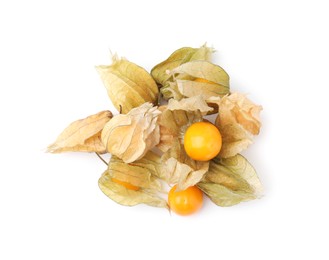 Many ripe physalis fruits with calyxes isolated on white, top view