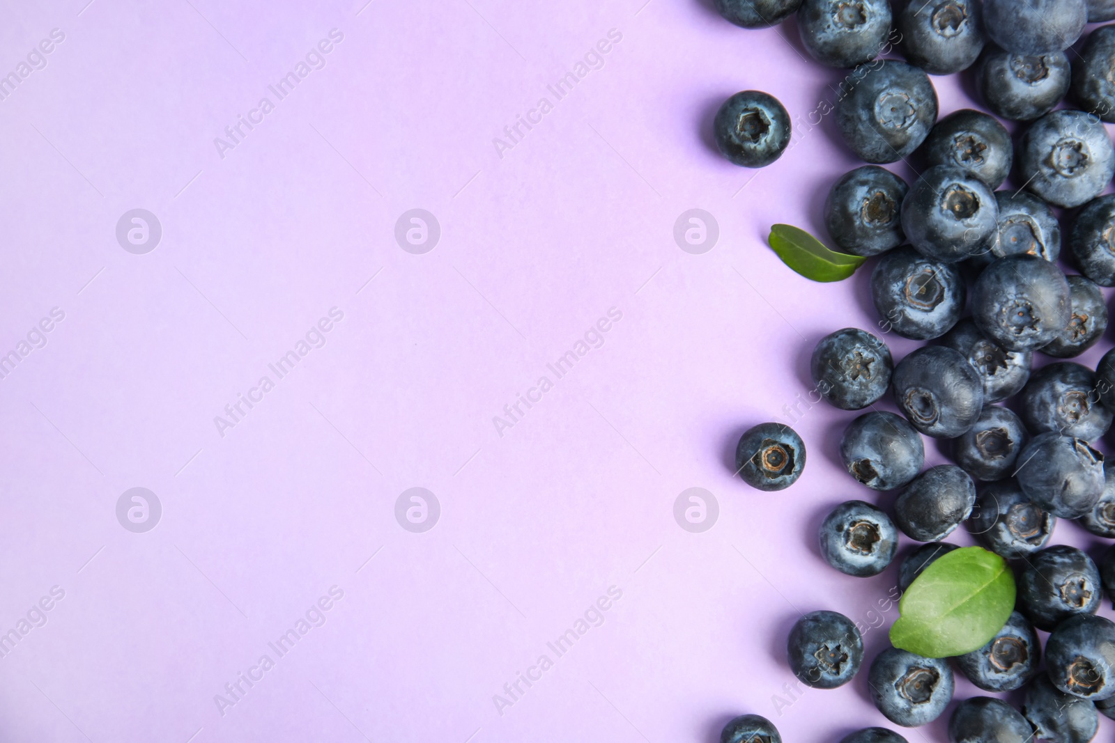 Photo of Fresh ripe blueberries on lilac background, flat lay. Space for text