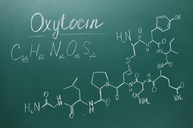 Chemical formulas written with chalk on green board