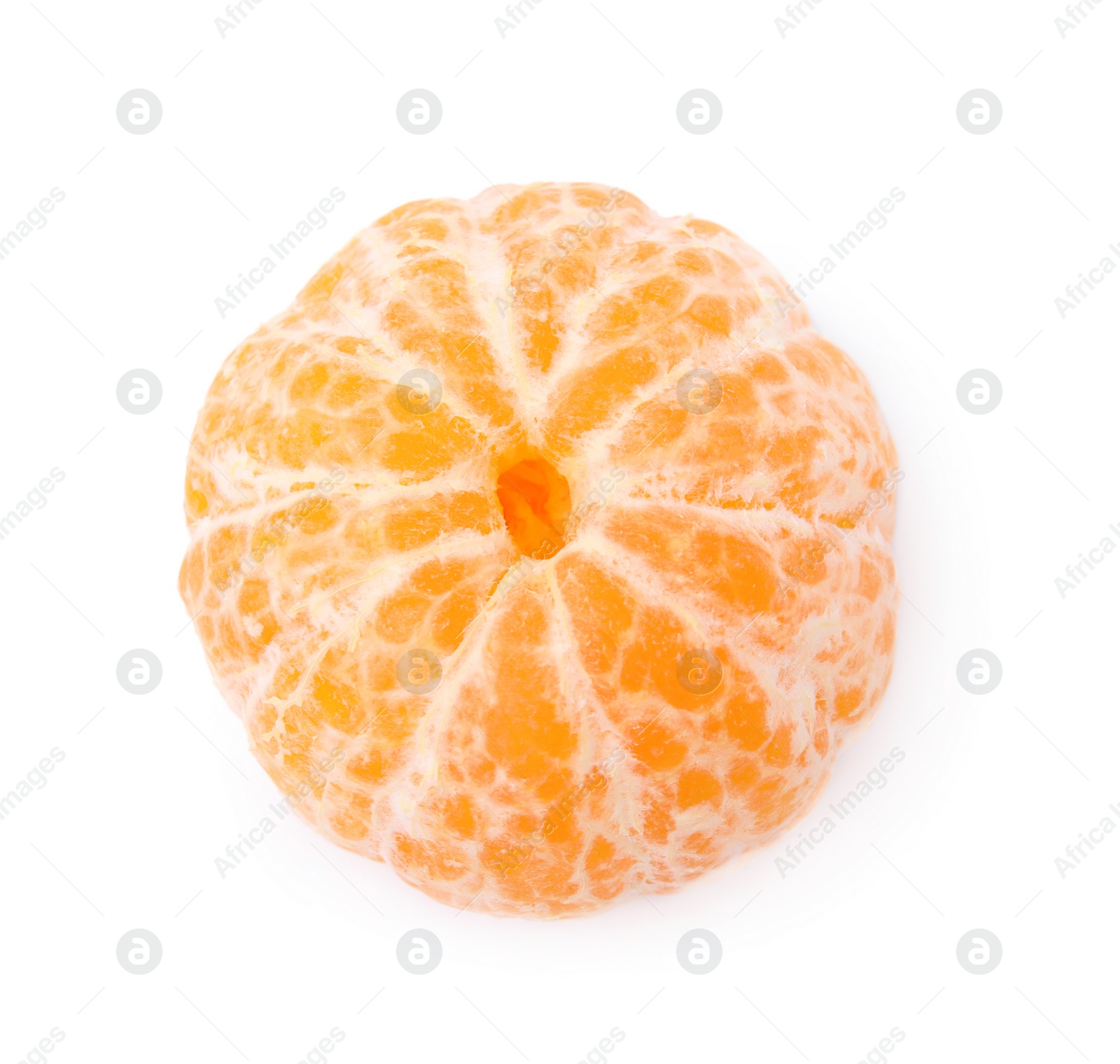 Photo of Peeled fresh juicy tangerine isolated on white, top view