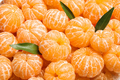 Peeled fresh ripe tangerines with green leaves as background, closeup