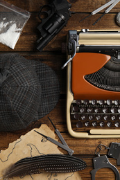 Photo of Composition with different vintage items on wooden background. Detective layout