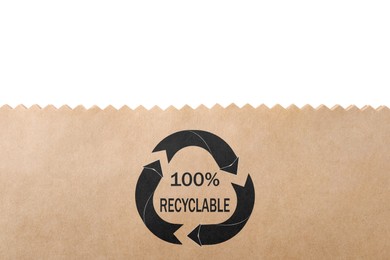 Image of Paper bag with recycling symbol on white background. Eco friendly package