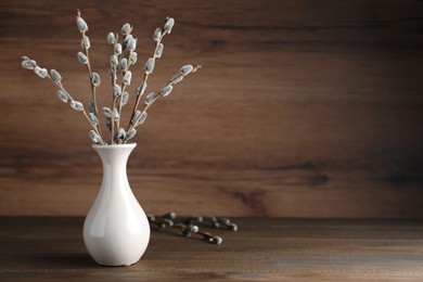 Photo of Beautiful bouquet of pussy willow branches in vase on wooden table. Space for text