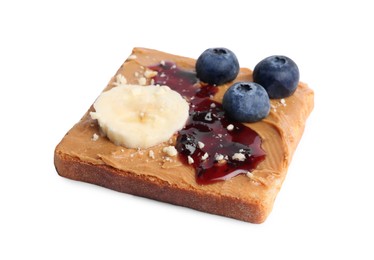 Toast with tasty nut butter, jam, blueberries, nuts and banana isolated on white