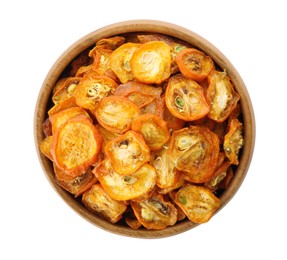 Photo of Bowl of cut dried kumquat fruits isolated on white, top view