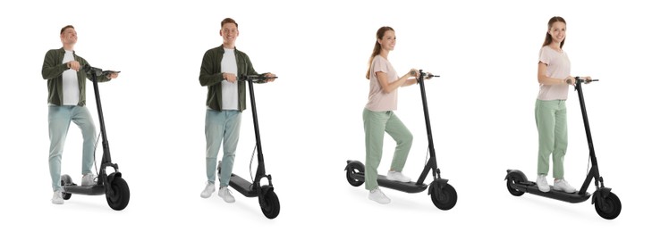 Image of Man and woman with electric kick scooter isolated on white. Set of photos