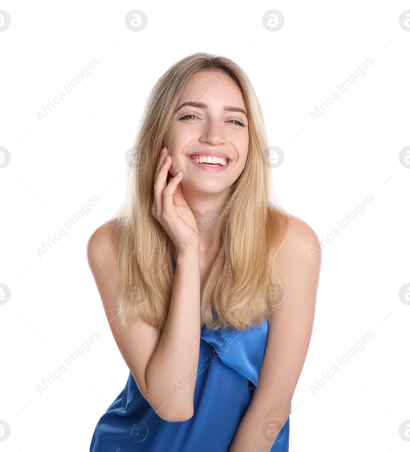 Photo of Portrait of beautiful young woman with blonde hair on white background