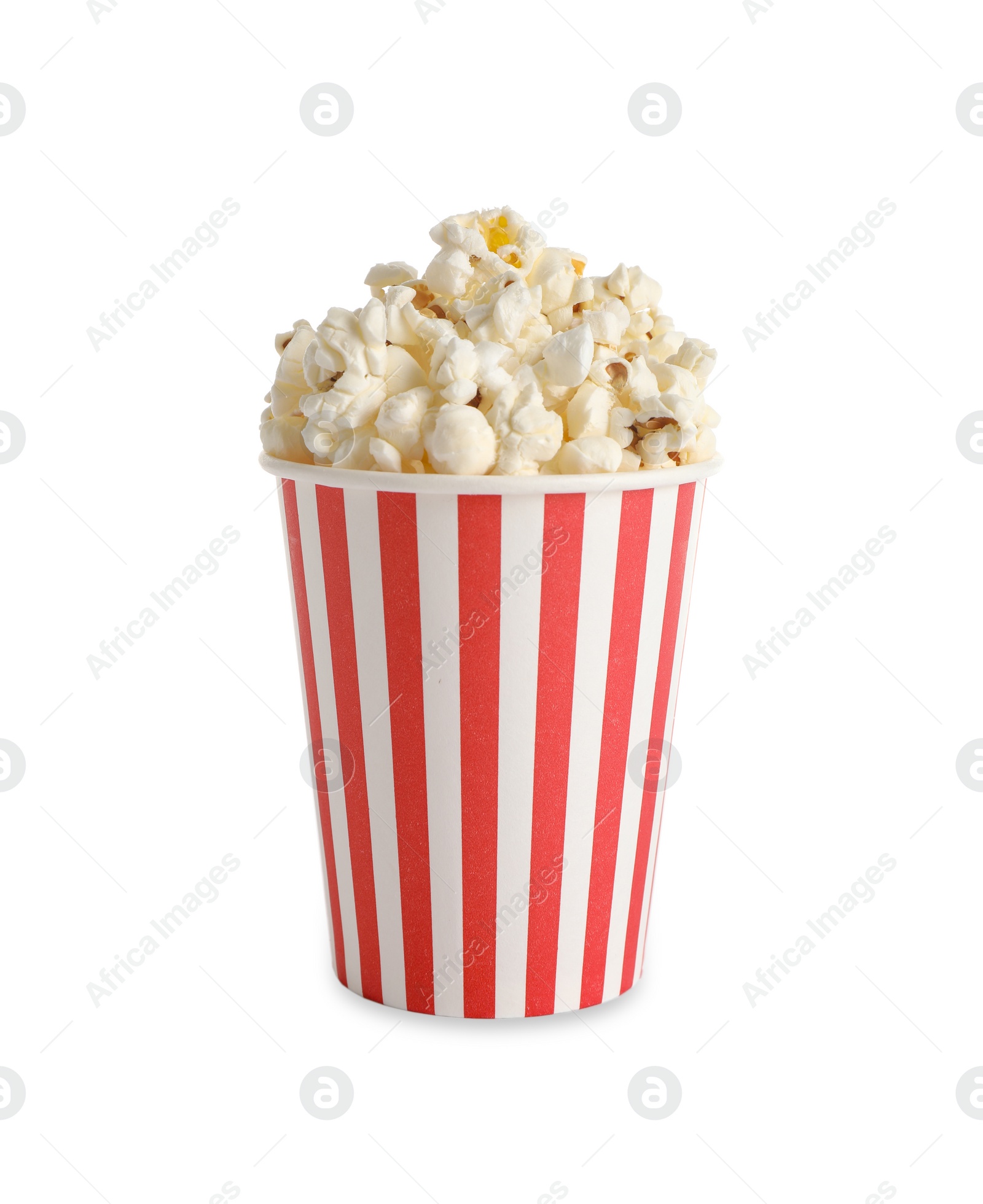 Photo of Delicious popcorn in paper cup isolated on white