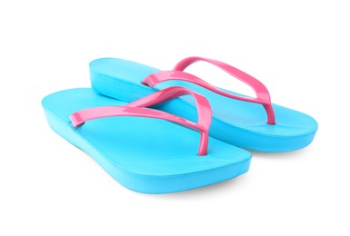 Photo of Stylish light blue flip flops isolated on white