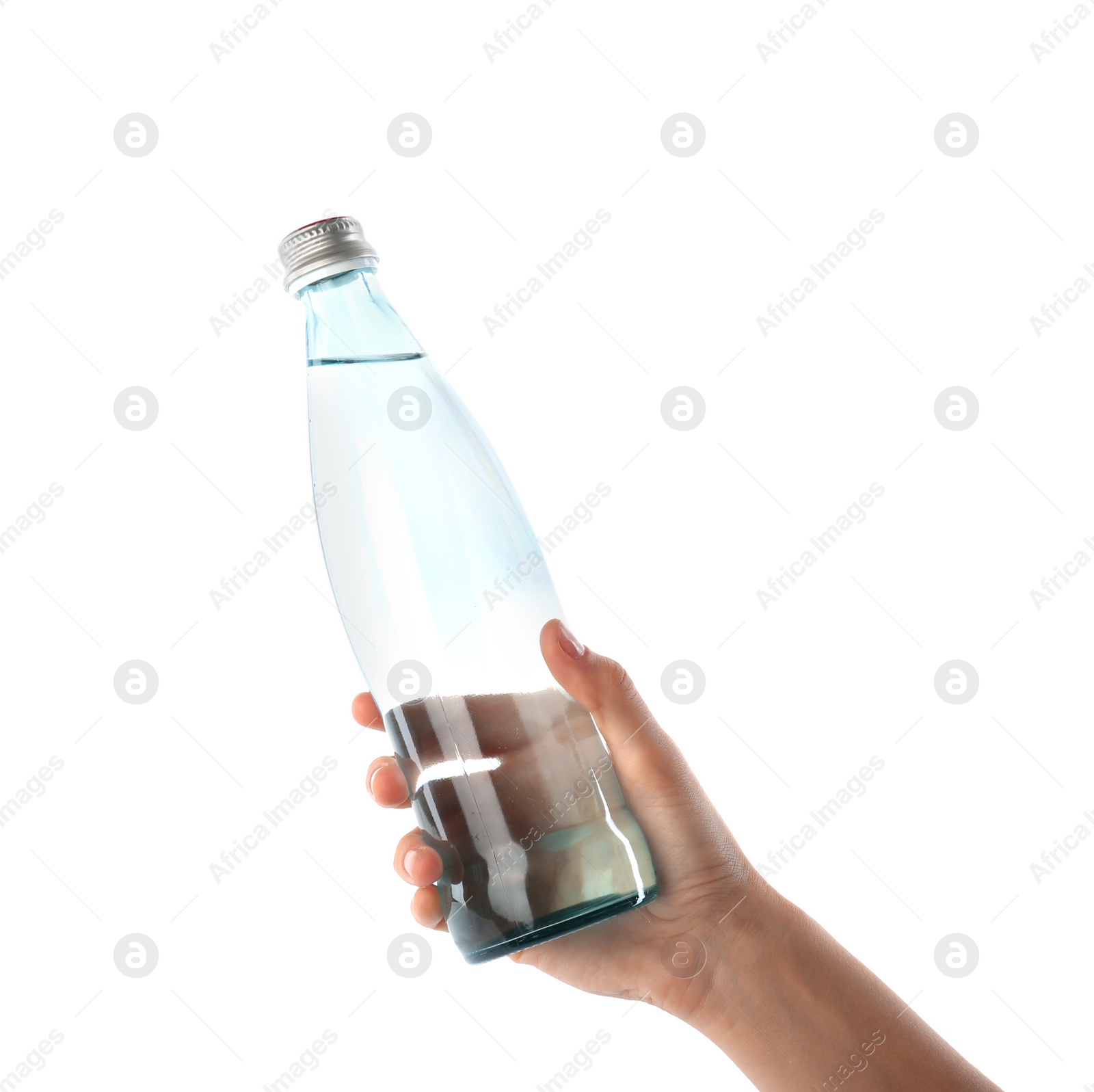 Photo of Woman holding glass bottle with water on white background