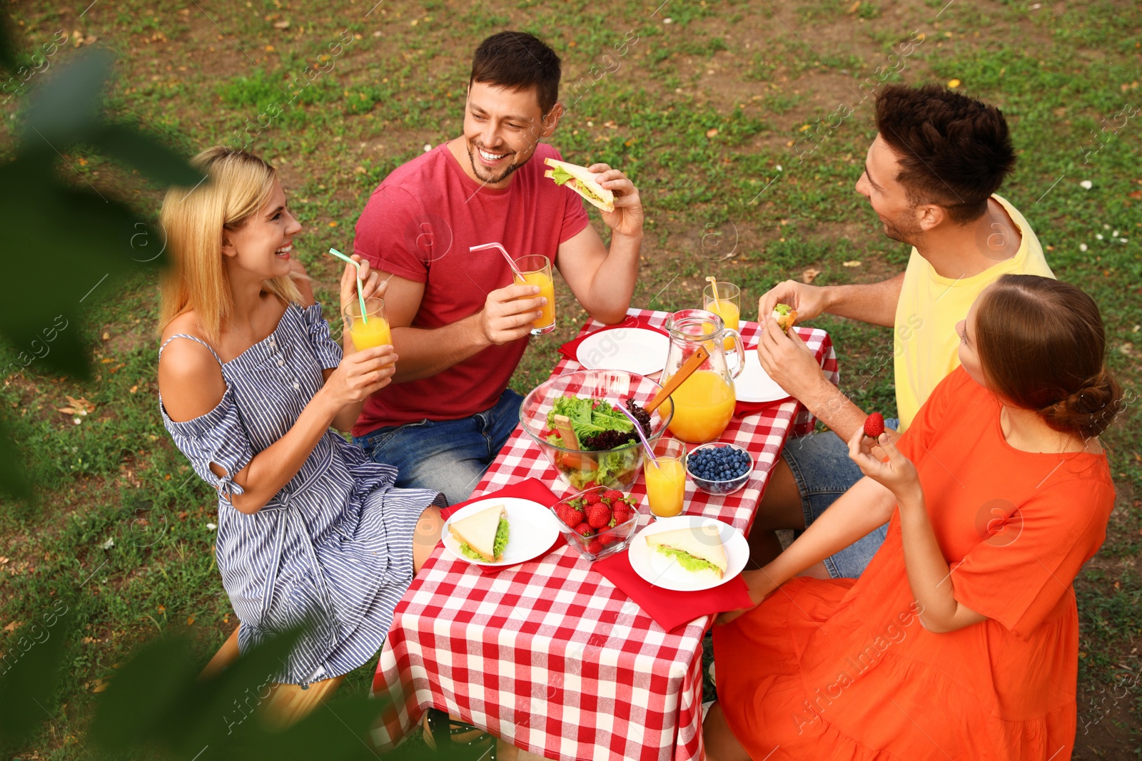 Photo of Group of people having picnic at table in park on summer day